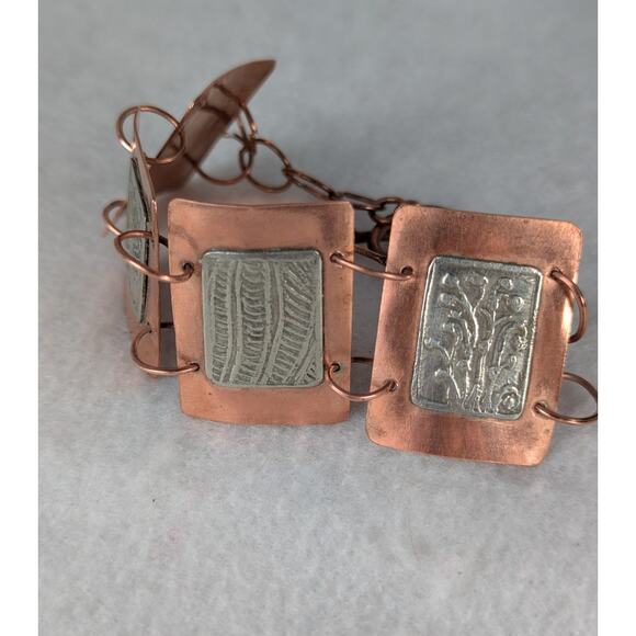 Copper links + Etched German silver(nickel) light oxydized 7.75" NWT signed OOAK - Picture 2 of 8
